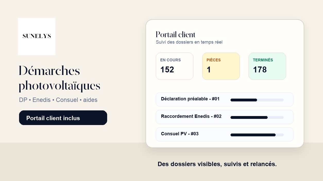 Portail client Sunelys pour suivre les dossiers administratifs photovoltaïques