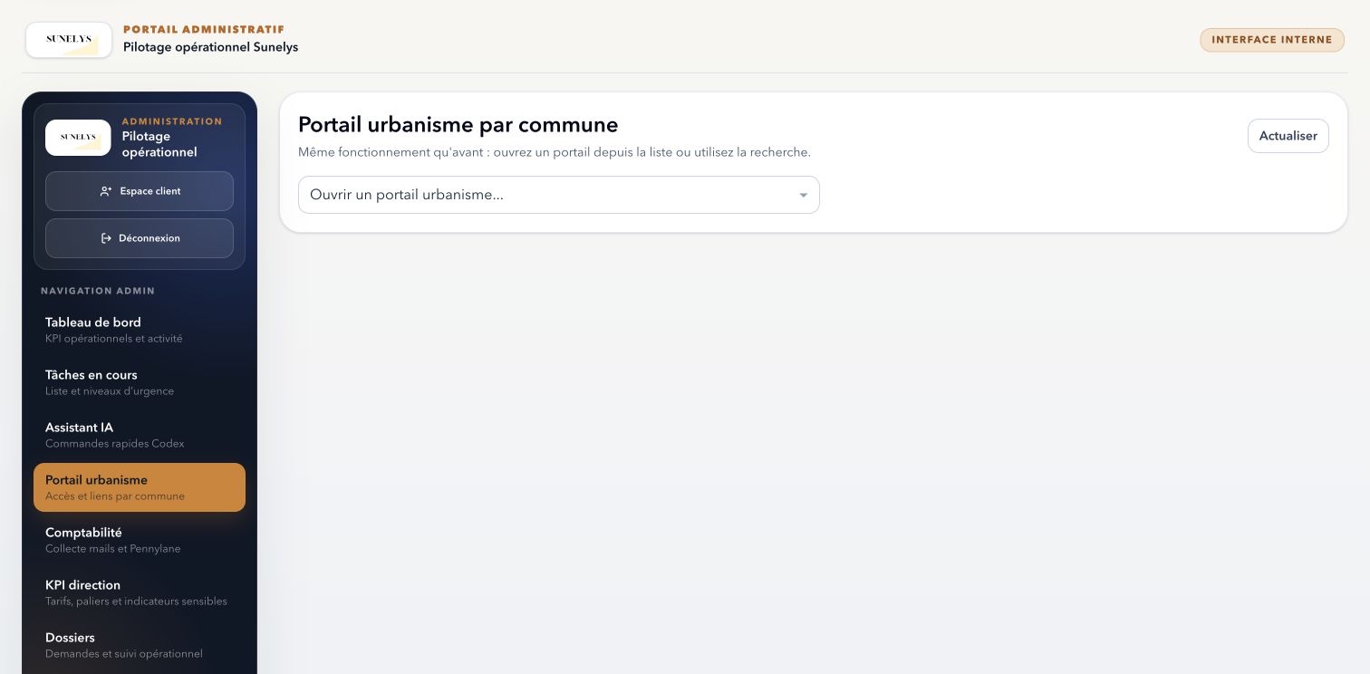 Vue anonymisée du portail Sunelys avec l'accès aux portails urbanisme par commune.