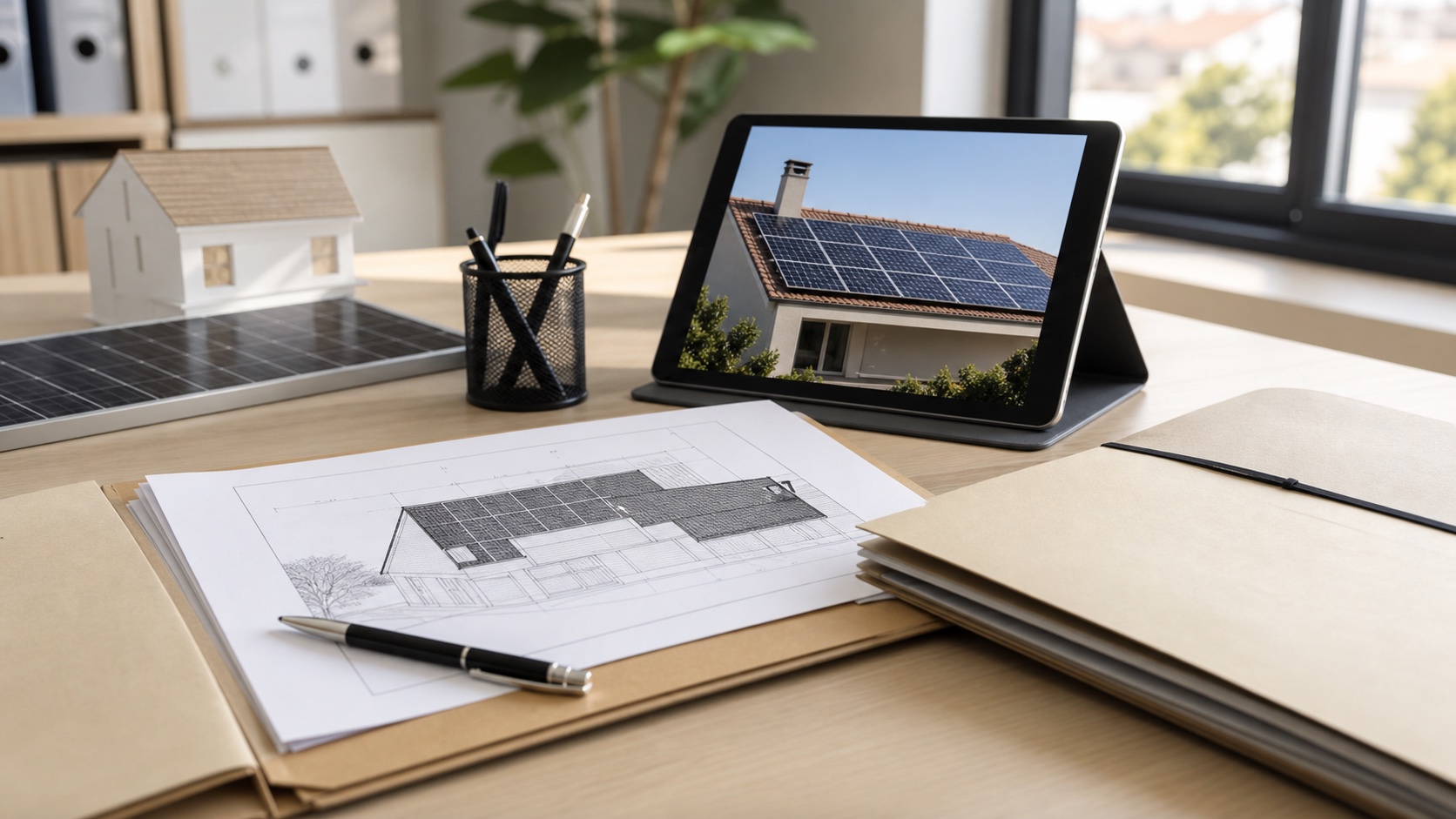 Plans de toiture, implantation des panneaux et photographie du projet solaire sur une tablette.