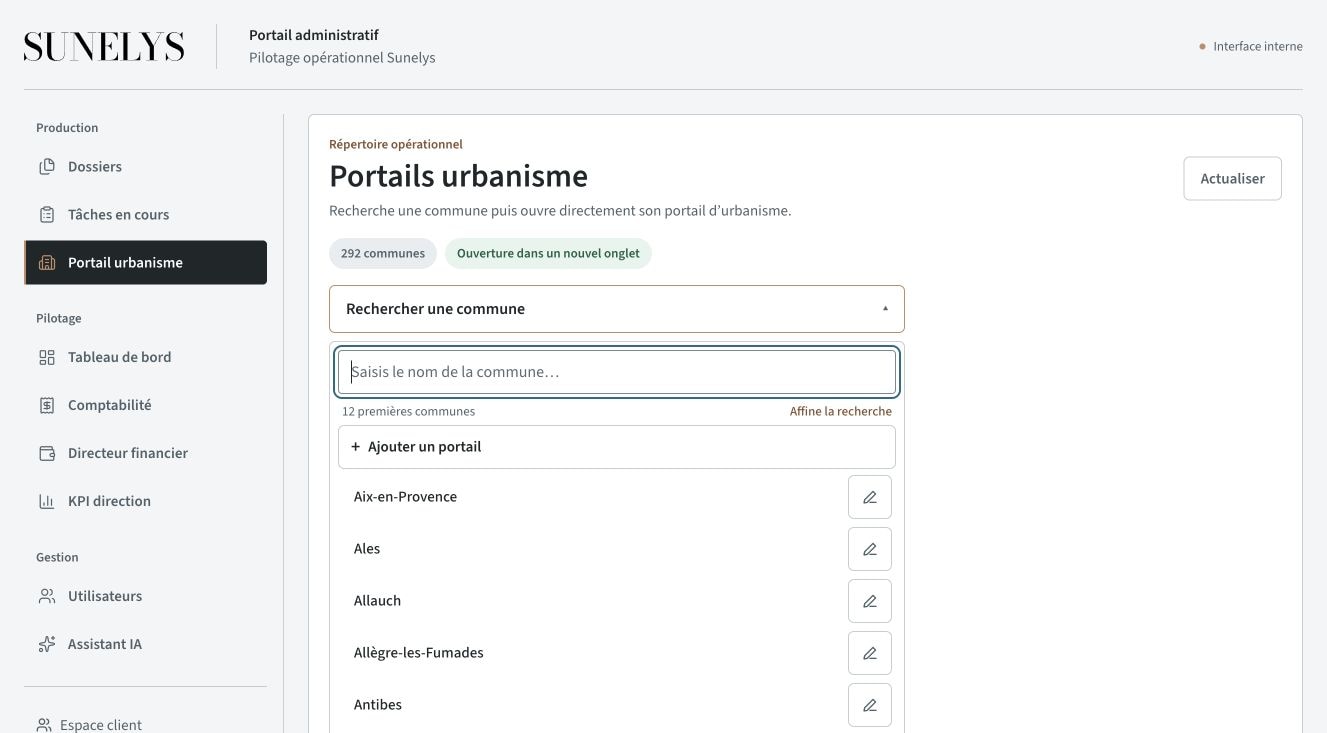 Nouveau portail Sunelys : recherche d’un guichet urbanisme par commune, sans données clients