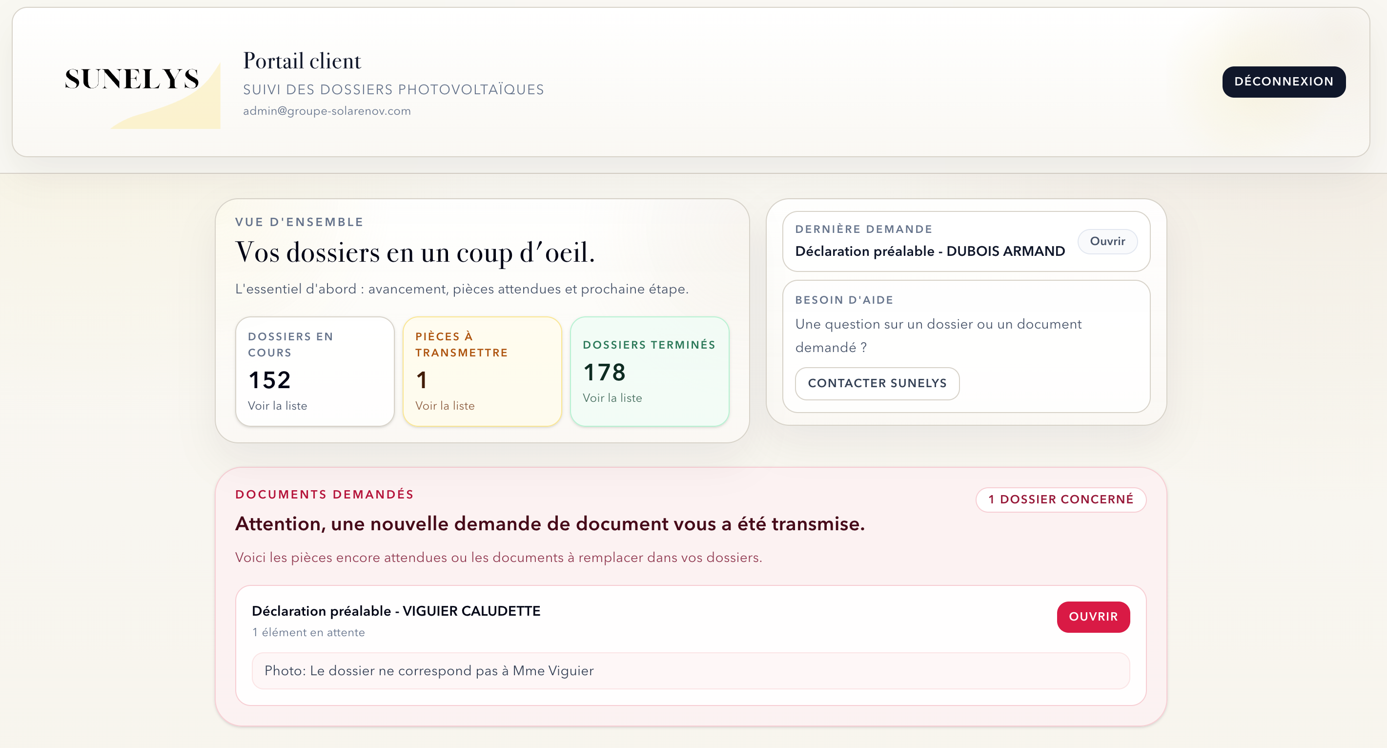 Vue d'ensemble du portail Sunelys avec synthèse des dossiers, pièces à transmettre et demandes de documents.