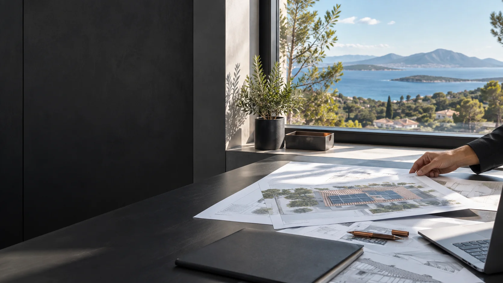 Illustration : une main prépare des plans de toiture solaire sur un bureau éclairé par la lumière du jour.